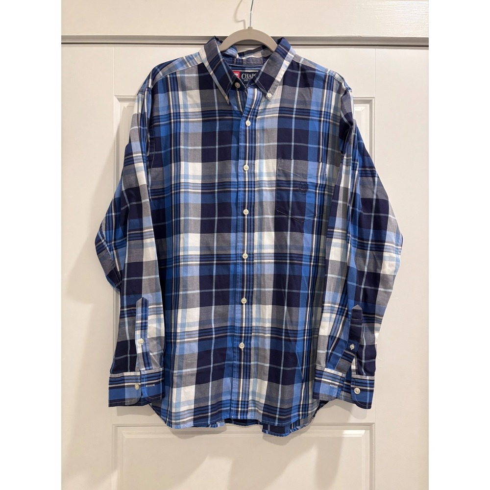 Chaps Mens Blue Plaid Long Sleeve Button Down Shirt Large L/G Cotton Blend